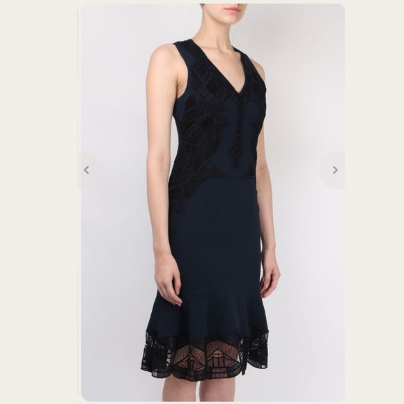 Jonathan Simkhai Navy Crepe V-Neck Dress with Lace Appliqué - Picture 2 of 12